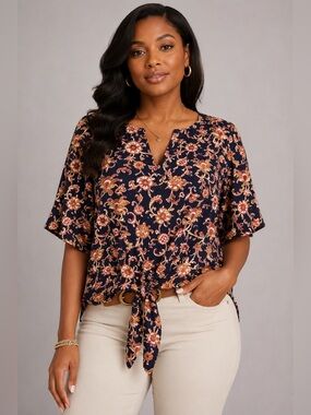 Marc New York Andrew Marc Blouse floral tie waist blue and pink colors sz L
